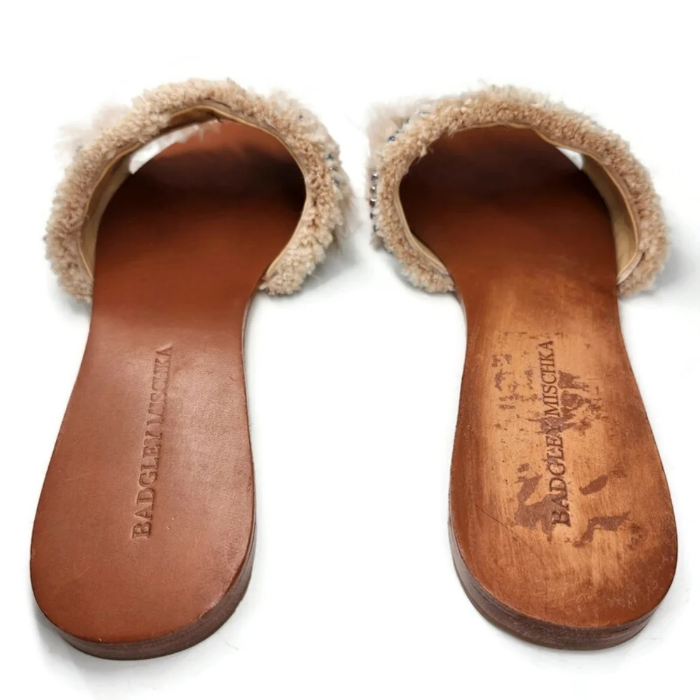 Badgley Mischka Fortune Nude Cream Feathers Beads Open-Toe Flat Slide-On Sandals